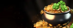 Image showing a pot filled with gold coins and four-leaf clovers, promoting the Monday bonus at 1xSlots.